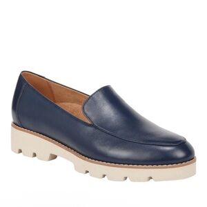 Vionic Navy Leather Loafers with Cream Sole